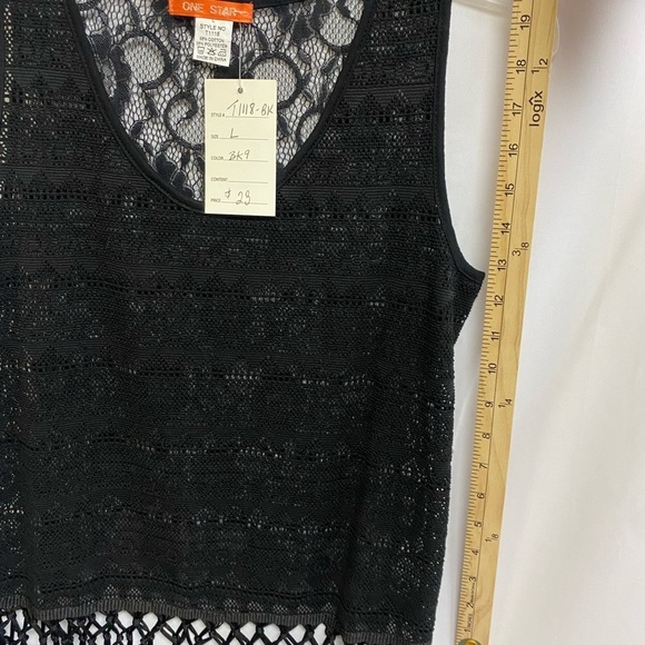 Black Lace Top Size Large with Fringe See Through Not Lined  By One Star - Picture 8 of 9